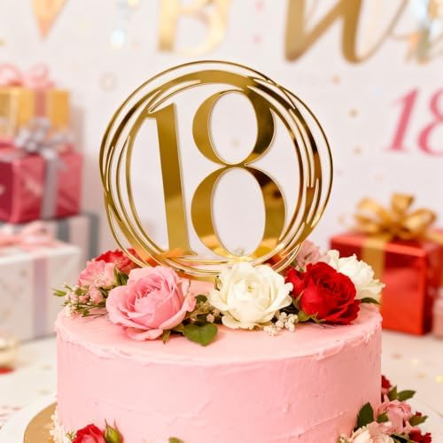 1 PCS Happy 18th Birthday Cake Topper, Acrylic Gold Number 18 Cake Decoration,Cheers to 18 Years Birthday Cake Pick 18 Fabulous 18th Anniversary Party Decorations Supplies (Gold)