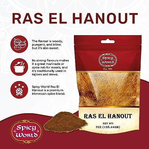 Ras El Hanout Moroccan Seaoning 7 oz – Premium Spice Blend – for Authentic Marinades & Rubs - by Spicy World (7 Oz Bag)