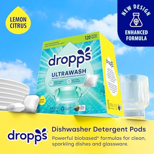 Dropps UltraWash Dishwasher Detergent Pods, Lemon Citrus (120 Ct) - Cuts Grease & Stuck-On Food | Sparkling Dishes & Glasses | Residue-Free | Clean Ingredients | No Pre-Rinse | Plastic Free Packaging