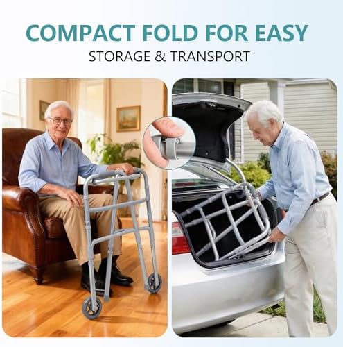 Folding Walkers for Seniors, Lightweight Rolling Walker with 8 Height Adjustments, 350 lbs Capacity, Hand Grips, Aluminum Front Wheel Walker with 2 Skis and 5" Wheels for Elderly Adults and Handicap