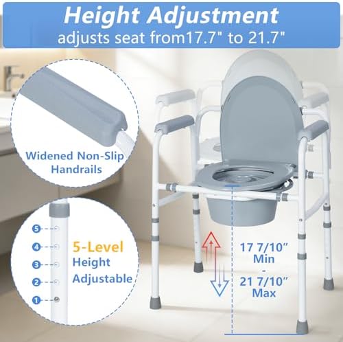 3-in-1 Bedside Commode Chair with Splash Guard & Bucket, Portable Toilet for Seniors, Adult Potty Chair, Adjustable Height, Supports 300 lbs,White