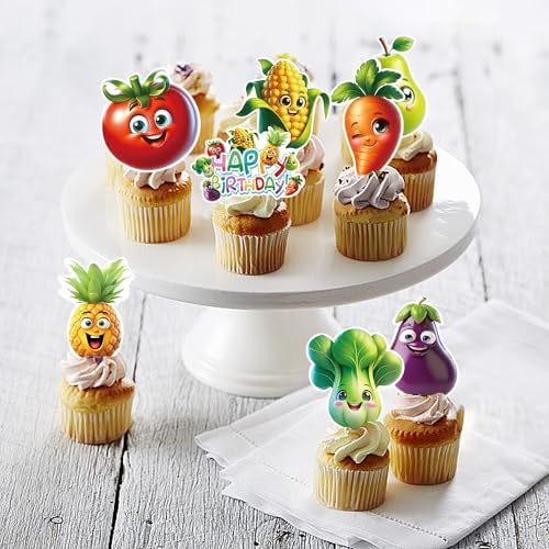 48Pcs Edible Fruit Birthday Cupcake toppers Wafer Paper Dancing Fruit Birthday Decorations for Baby Shower Wedding Party Decorations