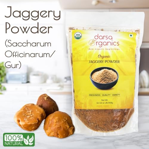 Darsa Organics Jaggery Powder 2 lb - Organic Brown Sugar Alternative, USDA Certified Unrefined Muscovado Style Sweetener from Desi Gur, Natural Panela for Baking & Tea, Non-GMO, Gluten Free, Vegan
