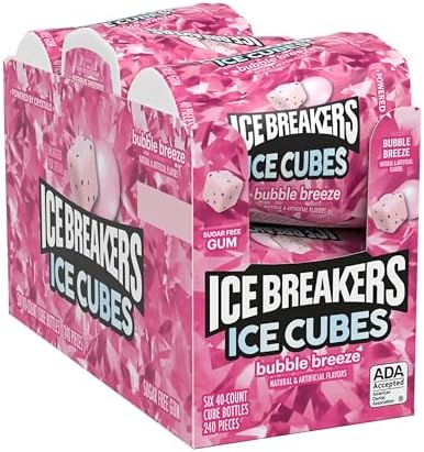 ICE BREAKERS Ice Cubes Bubble Breeze Flavored Sugar Free Chewing Gum Bottles, 3.24 oz (6 Count, 40 Pieces)