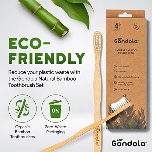 Gondola Organic Bamboo Toothbrushes Adults - 4 Pack - Soft Bristles for Sensitive Gums - Bamboo Toothbrush for Adults - Gentle Cleaning - Wellness Essentials Manual Toothbrush for Home & Travel