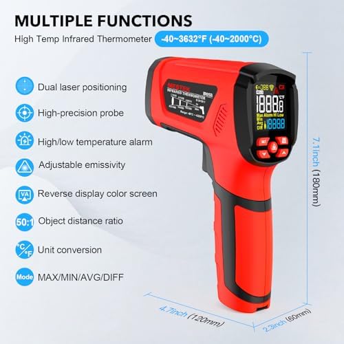Infrared Thermometer Temperature Gun, -40℉~3632℉, Non Contact Digital Laser Thermometer Pyrometer 50:1 High Temp Infrared Thermometer with Color LCD Display for Industrial HVAC Forge Metal Smelting