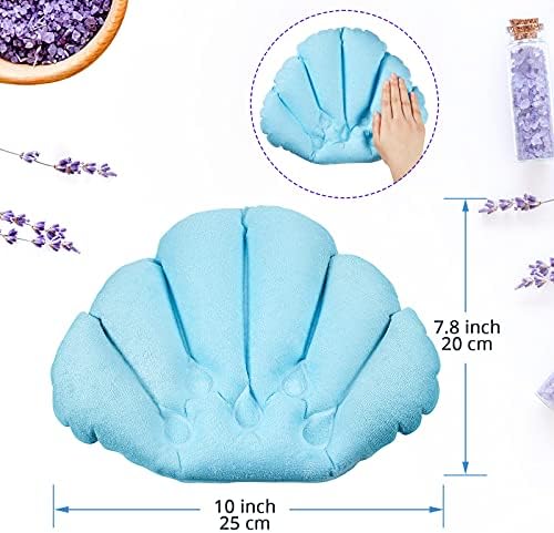 2 Pieces Inflatable Bath Pillow with Suction Cups, Terry Cloth Covered Bath Pillow Shell Shape Bathtub Spa Pillow Comfortable Soft Bath Cushion, Neck Support for Bathtub, Hot Tub, Home Spa Tub