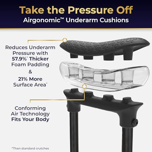 Air-Crutch Lightweight Walking Crutch, Adult Crutches for Walking with Comfortable Underarm Pads and Ergonomic Grips, Adjustable Height 4'7"-6'7", 300 lb Capacity, Black