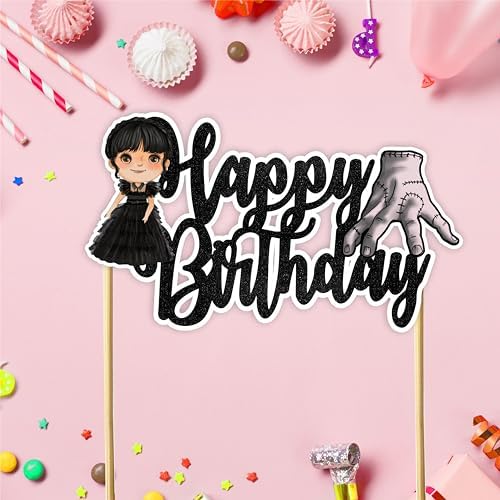 "Wednsday Happy Birthday Cake Topper – Spooky Gothic Theme Birthday Party Decoration – Creepy and Cool Cake Decoration for Adults – Addams Family Inspired Party Supplies for Halloween & Birthdays"