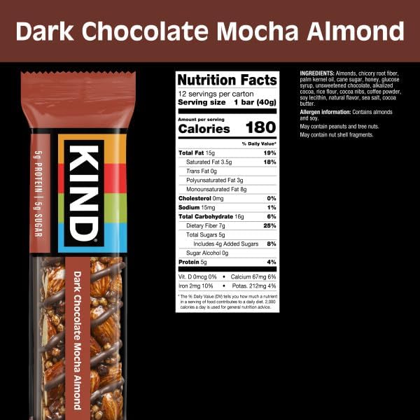 KIND Healthy Snacks Bars, Dark Chocolate Mocha Almond, Gluten Free, Low Sugar, High Fiber Snacks, 5g Protein, 12 Count