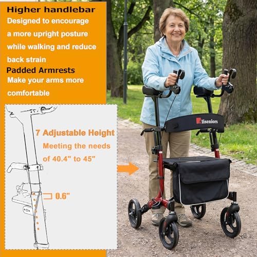 Aliseniors Upright Walker for Seniors - Big Stand Up Walker with Wide Seat, Foldable 4 Wheel All-Terrain Rolling Walker, Adjustable Armrests, 300lbs, Improves Posture & Reduces Back Strain