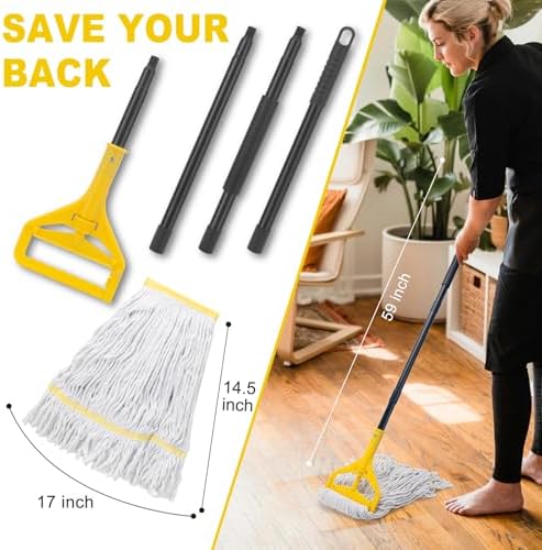 Commercial Mop with 3 Extra Large Replacement Heads,59" Long Handle Heavy Duty Industrial Mops for Floor Cleaning,Looped-End String Wet Cotton Mop for Home,Kitchen,Office,Garage,Concrete/Tile Floor