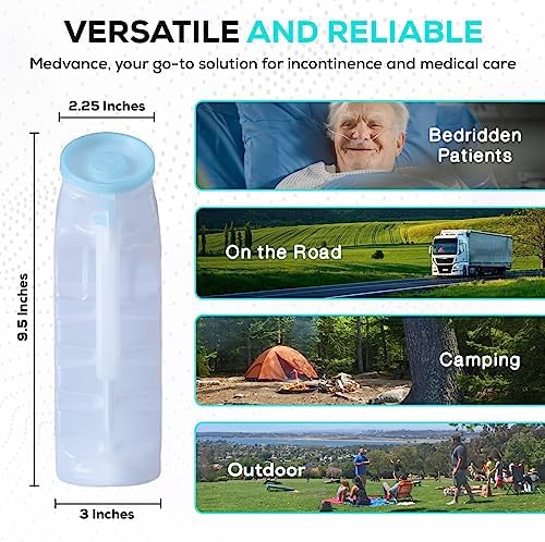 MedVance 1000ml Portable Urinals for Men, 8 Pack – Spill Proof Men's Urinal Bottle w/Glow in Dark & Leak-Proof Lid – Easy-Grip Durable Pee Bottles for Men - Versatile Male Pee Bottle for Elderly Care