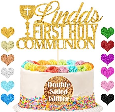 Personalized First Holy Communion Cake Topper Grail Cross Christening Baptism Confirmation 1st Communion Party Decor Double Sided Glitter Christening Cake Topper(Gold)