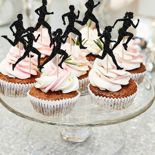 Rsstarxi 24 Pack Running Cupcake Toppers Black Glitter Sports Fitness Cupcake Picks Decorations for Sports Theme Running Baby Shower Boys Girls Birthday Party Cake Decorations