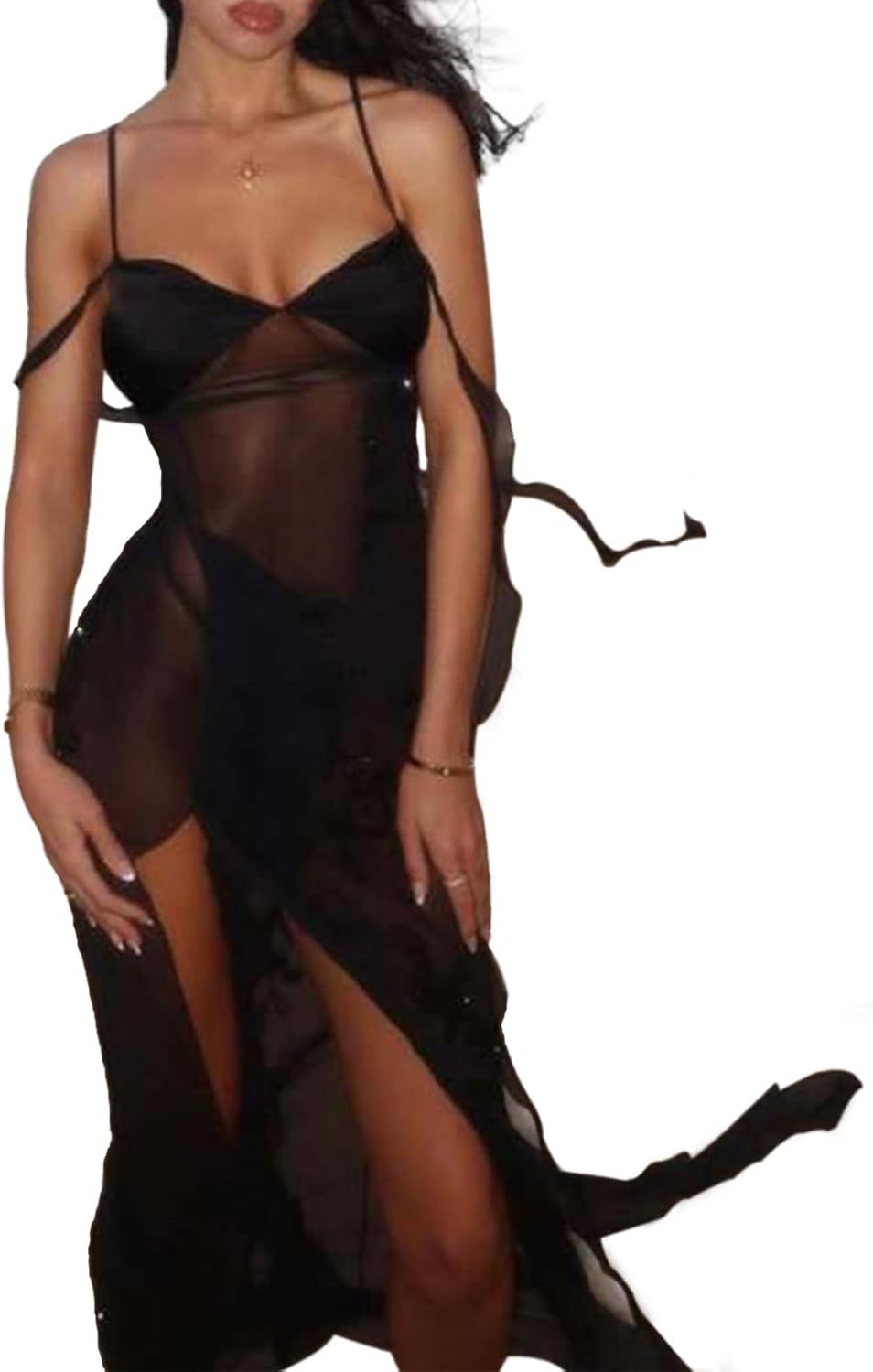 Spaghetti Strap Mesh Sheer Dress for Women Sexy See Through V Neck Maxi Dresses