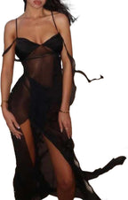 Spaghetti Strap Mesh Sheer Dress for Women Sexy See Through V Neck Maxi Dresses