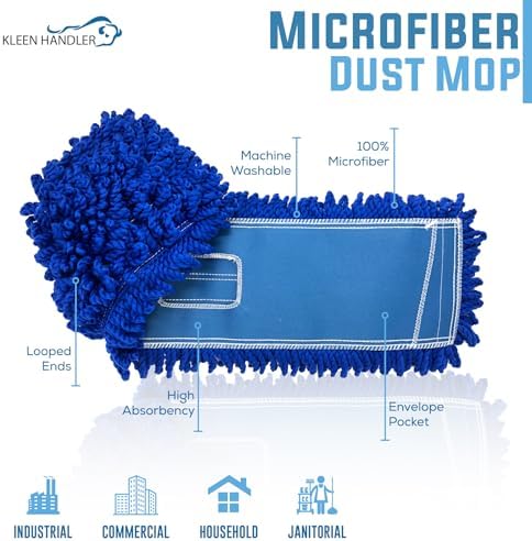 KLEEN HANDLER 3 Pack of 36 Inch Microfiber Dust Mop, Large Washable Commercial Mop Head Replacement, Sweeper, Janitorial Supplies, Blue