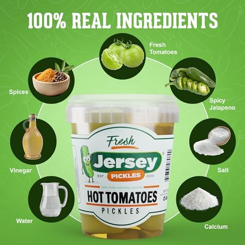 Jersey Pickles - Hot Pickled Tomatoes (Quart) – Pickled Vegetable – Handcrafted Gourmet Topping for Sandwiches, Charcuterie & More