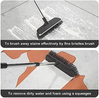 Heavy Duty Floor Scrub Brush with Long Handle, Adjustable Stainless Steel Handle, Stiff Bristles & Rubber Squeegee Scraper, Concrete Floor Scrubber for Cleaning Floor Concrete Deck Hardwood Patio Tile