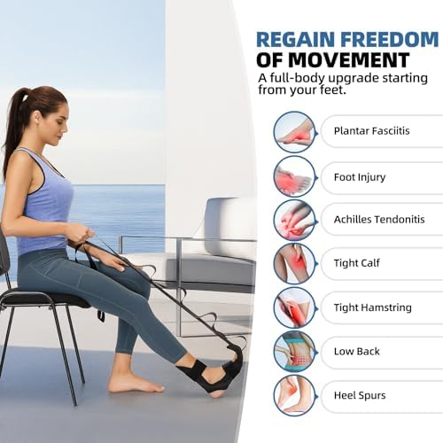 comness Foot and Calf Stretcher-Stretching Strap For Plantar Fasciitis, Heel Spurs, Foot Drop, Achilles Tendonitis & Hamstring. Yoga Foot & Leg Stretch Strap. (Black)