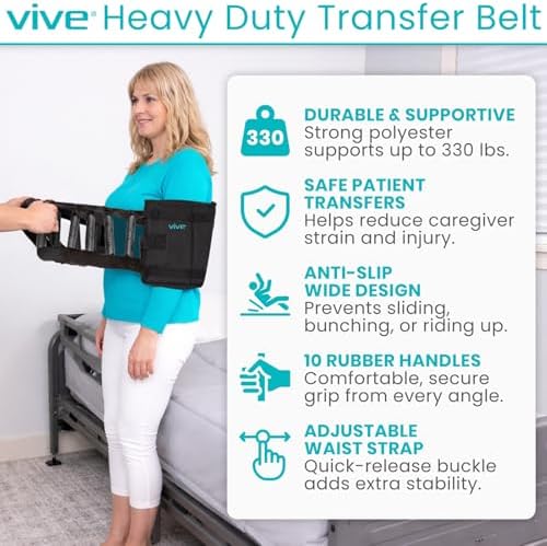 Vive Transfer Sling - Padded Assist Gait Belt - Heavy Duty Patient Lift with Straps - Mobility Standing and Lifting Aid for Disabled, Elderly, Seniors, Injured - Safely Move from Bed and Wheelchair