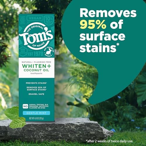 Tom's of Maine Whiten Plus Coconut Oil Fluoride Free Toothpaste, Natural Whitening Toothpaste with Coconut Oil and Plant-Based Cleansers, Whitens Without Causing Sensitivity, Gentle Mint, 4.0 Oz