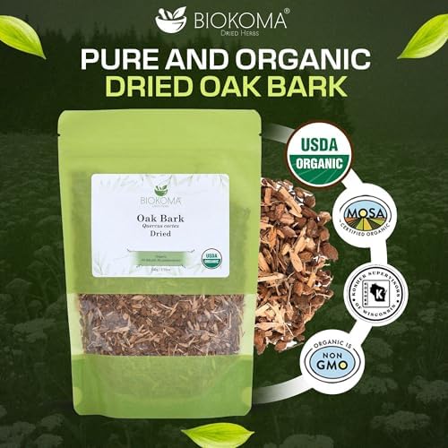 Biokoma Organic Oak Bark 100g (3.55oz) Dried Cut Herb Caffeine-Free USDA Organic Herbal Tea Digestion Support Antioxidant Resealable Moisture Proof Pouch No Additives No Preservatives No GMO Kosher