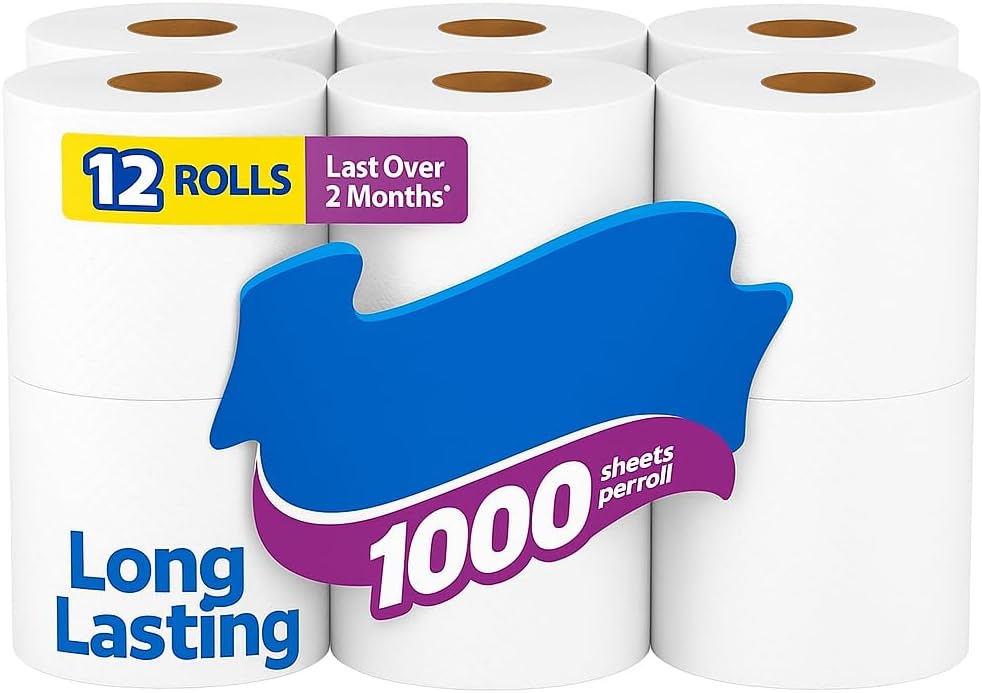 1000-Sheet Toilet Paper 12 Rolls – Soft, Strong & Septic-Safe 1-Ply Bathroom Tissue, Long-Lasting Bath Tissue for Home, Office, RV & Travel Use