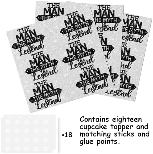 Black Glitter Cupcake Topper The Man The Myth The Legend Theme Decor Supplies Male Daddy Father's Day Happy Birthday Party Decorations set 18pcs