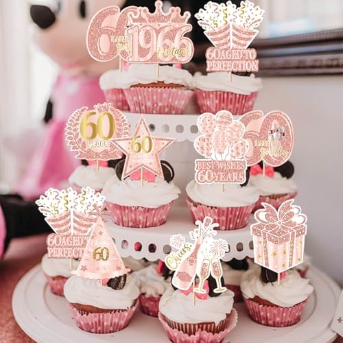 Rsstarxi 40 Pack Happy 60th Birthday Cupcake Toppers Rose Gold Sixty Straight Outta 1966 Cupcake Picks 60 Fabulous Cheers to 60 Years Cake Decorations for Women 60th Birthday Party Supplies