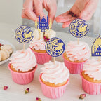 24 PCS Eid Mubarak Cake Toppers Set Gold Blue Ramadan Kareem Cupcake Toppers Crescent Moon & Mosque Islamic Cake Decorations for Muslim Festival Theme Eid al-Fitr Party Decorations Supplies