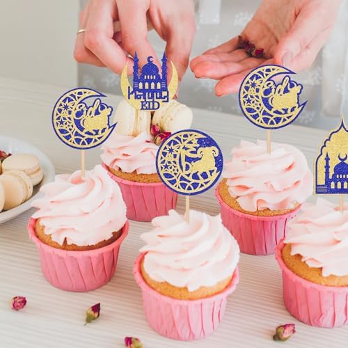24 PCS Eid Mubarak Cake Toppers Set Gold Blue Ramadan Kareem Cupcake Toppers Crescent Moon & Mosque Islamic Cake Decorations for Muslim Festival Theme Eid al-Fitr Party Decorations Supplies