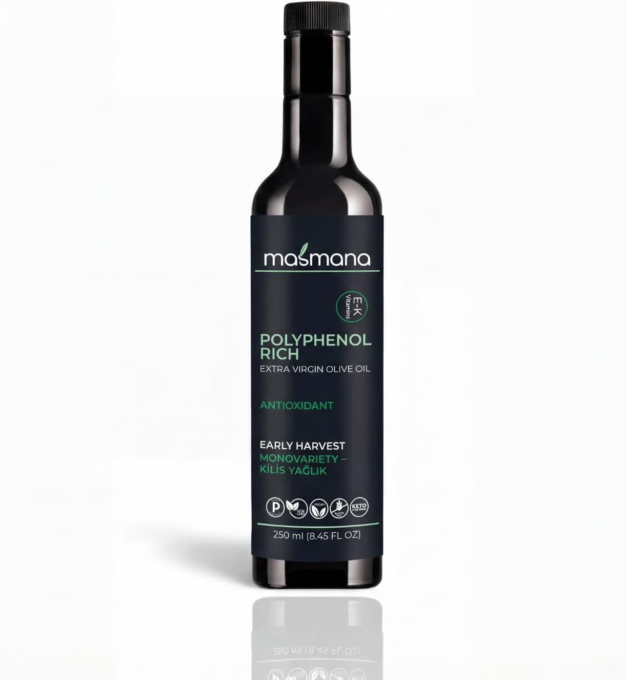 Masmana High-Polyphenol Extra Virgin Olive Oil – Early Harvest & Cold Pressed, Polyphenol-Rich EVOO from Ancient Mesopotamian Kilis Olive Groves, Premium 100% Pure Olive Oil, 250 mL (8.45 fl)