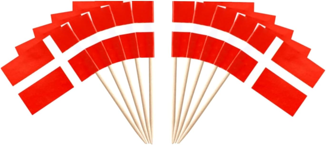 JAVD CYPS 100 Pcs Denmark Flag Danish Toothpick Flags, Small Mini Stick Cupcake Toppers Danish Flags,Country Picks Party Decoration Celebration Cocktail Food Bar Cake Flags