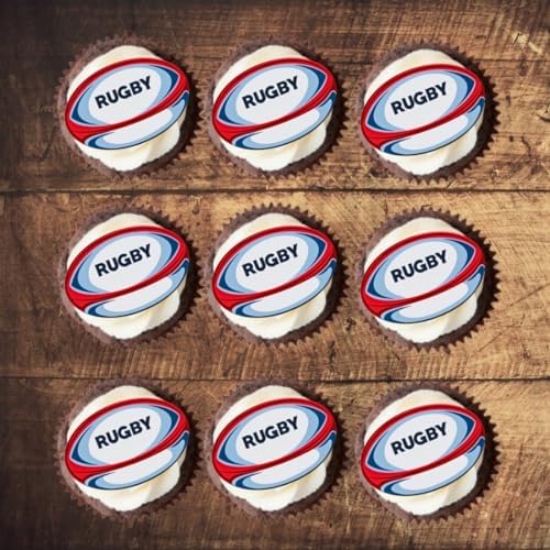 Rugby Edible Cupcake Toppers, Edible Football Cake Decorations, World Cup Rugby Party Decorations, Cake Balls for a Sport Party, Sports Cupcake Toppers, Theme 1, 5cm / 2 Inch PRECUT (Pack of 12)