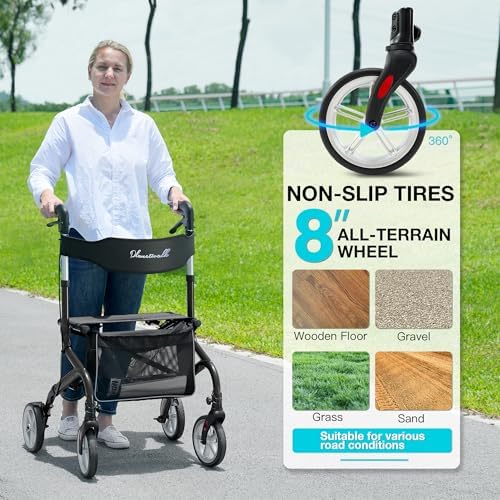 Super Lightweight Rollator Walker for Seniors, Foldable Rolling Walker with Seat and 8" Rubber Wheels for All Terrain, Unique Design Aluminium Frame Sturdy Walkers for Traveling - Black
