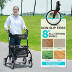 Super Lightweight Rollator Walker for Seniors, Foldable Rolling Walker with Seat and 8" Rubber Wheels for All Terrain, Unique Design Aluminium Frame Sturdy Walkers for Traveling - Black