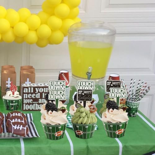 Hooqict 48 Pack Football Cupcake Toppers and Wrappers Football Cupcake Decorations Game Day Party Supplies Cupcake Picks for Sports Theme Birthday Party Decorations