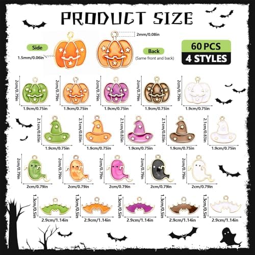 60Pcs Halloween Charms, Halloween Decorations Charms for Jewelry Making, Mixed Pumpkin Ghost Bat Witch Hat Enamel Pendants for Bracelets Necklaces Earrings Making and Crafting