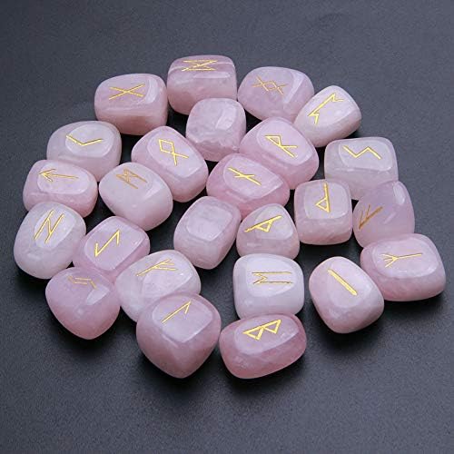 TGS Gems Rose Quartz Rune Stones Set Engraved Pagan Lettering with Instruction Booklet and Velvet Pouch