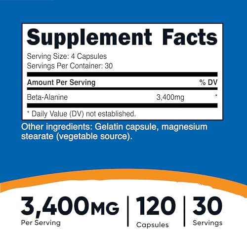 Nutricost Beta-Alanine Capsules 3400mg, 120 Caps (30 Serv) - Potent Beta Alanine, Gluten Free & Non-GMO, 850mg Per Cap