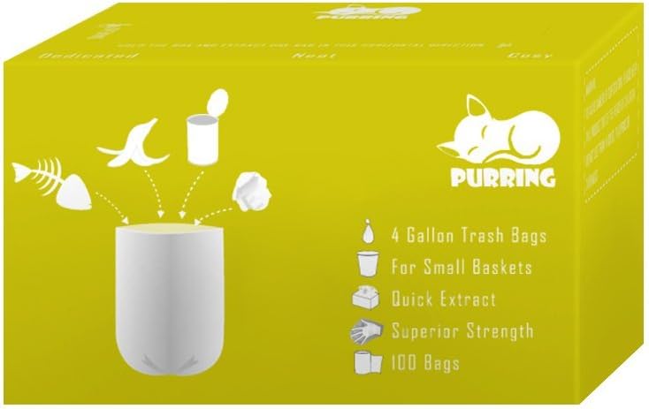 Purring Small Trash Bags with Quick-Dispense, 4 Gallon Trash Bags with Cute and Compact Package, 100 Count (Yellow)