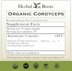 Herbal Roots Organic Cordyceps - Fruiting Body Extract Mushroom Capsules - Immune & Energy Support - 60 Vegan Capsules