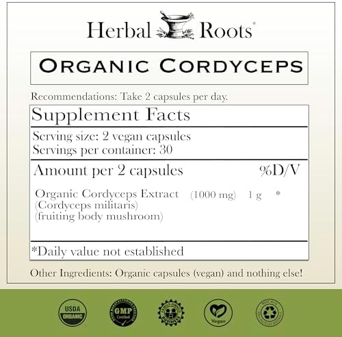 Herbal Roots Organic Cordyceps - Fruiting Body Extract Mushroom Capsules - Immune & Energy Support - 60 Vegan Capsules
