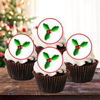 PRECUT Holly Edible Cupcake Toppers, Christmas Cake Decorations, Christmas Cake Topper, Xmas Holly Cupcake & Cookie Decor, 4cm / 1.5 inch Wafer Discs (24)