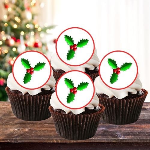 PRECUT Holly Edible Cupcake Toppers, Christmas Cake Decorations, Christmas Cake Topper, Xmas Holly Cupcake & Cookie Decor, 4cm / 1.5 inch Wafer Discs (24)