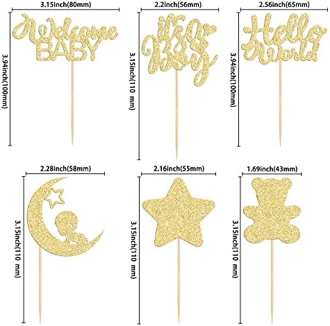 Gyufise 24Pcs Gold Glitter Baby Shower Boy Cupcake Toppers with Moon Bear Star It's a Boy Gender Reveal Cupcake Picks Decorations for Baby Shower Kids Boys Birthday Party Supplies