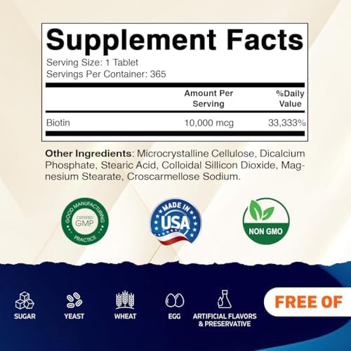 Vitamatic Biotin 10,000 mcg (10 mg) for Stronger Hair, Skin & Nails - 365 Vegan Tablets- Also Called Vitamin B7