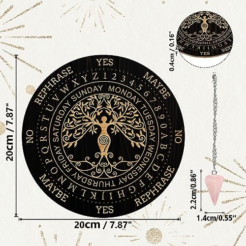 AHANDMAKER Pendulum Board Set, Wooden Dowsing Divination Board Metaphysical Message Board with Crystal Pendulum Necklace for Witchcraft Wiccan Altar Supplies Kit, Tree of Life Pattern
